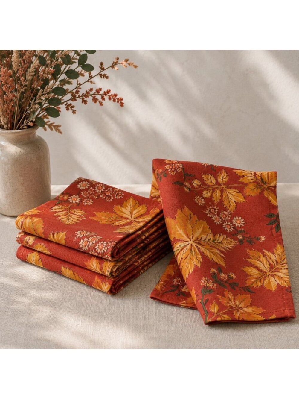 April Cornell Set of 5 Cotton Napkins 16x16 Rust Orange Fall Floral Botanical